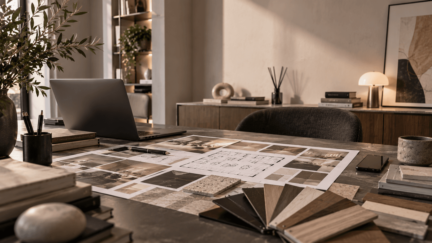 Malzeme numuneleri ve salon proje çizimleriyle Arty Life Mimarlık tasarım masası
