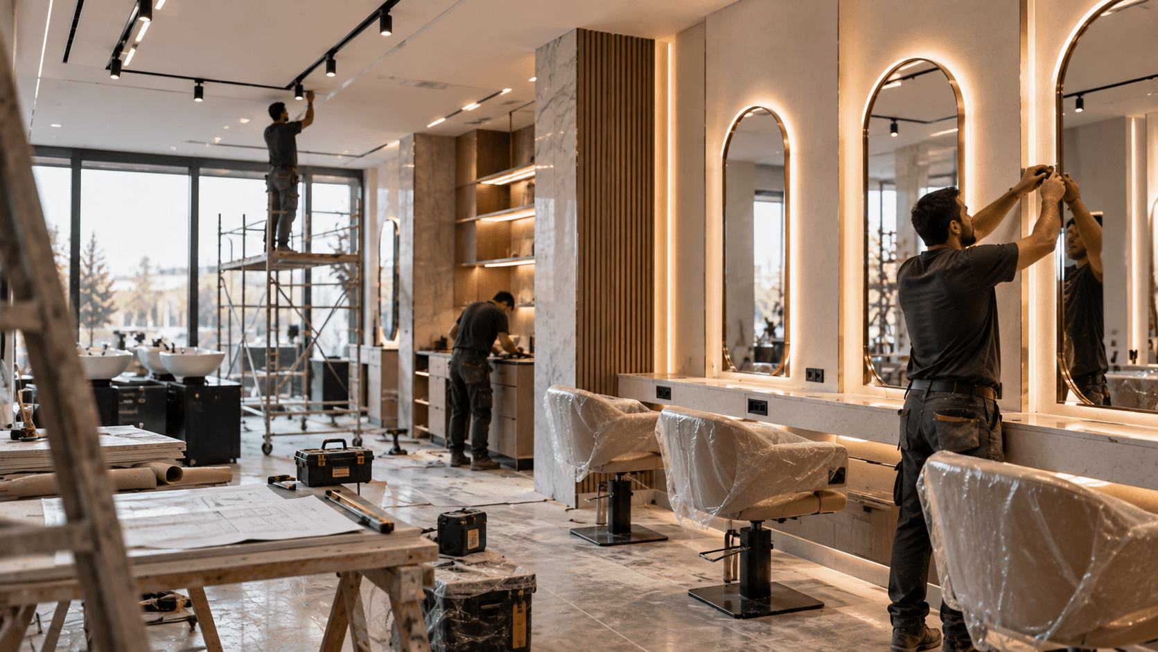 Kemerli aynalı bir kuaför salonunda süren anahtar teslim uygulama çalışması