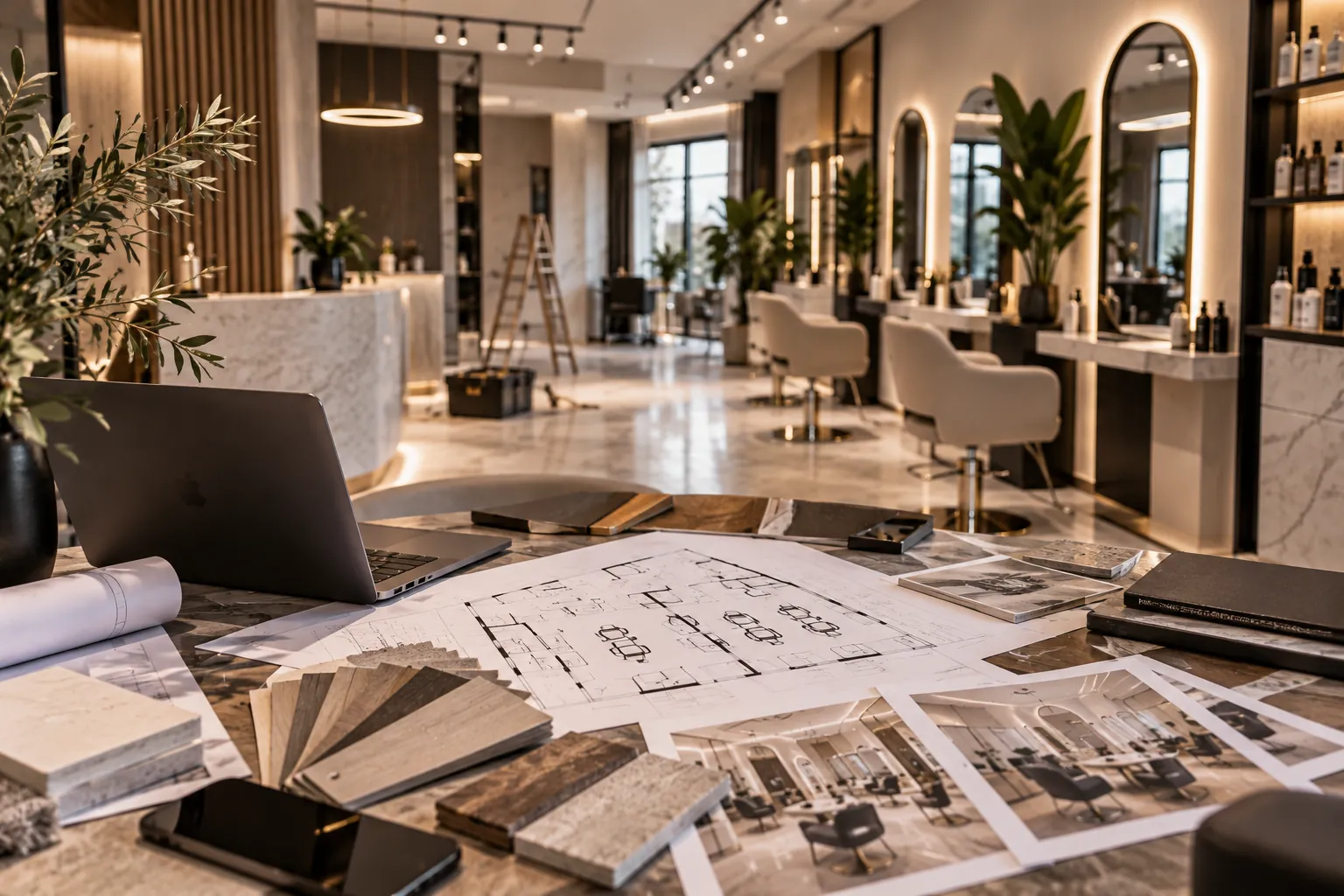 Kuaför salonu proje çizimleri ve malzeme numuneleriyle Arty Life Mimarlık çalışma masası